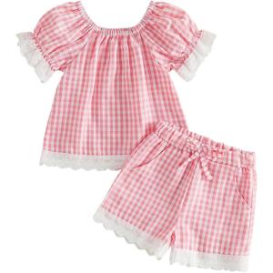 image:imageKuriozud Toddler Baby Girl Clothes Lace Short Sleeve Shirts Top Pockets Shorts Set Cute 2 Piece Summer OutfitsPlaid Pink