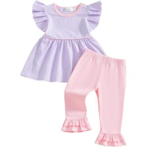 image:imageKuriozud Toddler Baby Girl Clothes Sleeveless Shirts Tunic Top and Ruffle Pants Set 2 Piece Spring Summer OutfitsStriped Purple