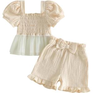image:imageKuriozud Toddler Baby Girl Clothes Somcked Short Sleeve Shirts Tulle Top and Bow Bloomers Shorts Set 2 Piece Summer OutfitsTulle Apricot