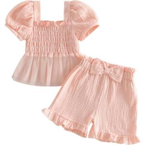 image:imageKuriozud Toddler Baby Girl Clothes Somcked Short Sleeve Shirts Tulle Top and Bow Bloomers Shorts Set 2 Piece Summer OutfitsTulle Pink