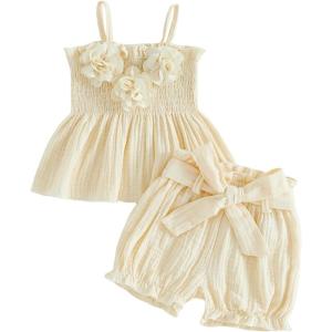 image:imageKuriozud Toddler Girl Summer Clothes Smocked Hlater Shirts Top Bloomers Shorts Set Little Girl 2 Piece Outfits3d Flower Apricot