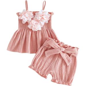 image:imageKuriozud Toddler Girl Summer Clothes Smocked Hlater Shirts Top Bloomers Shorts Set Little Girl 2 Piece Outfits3d Flower Pink
