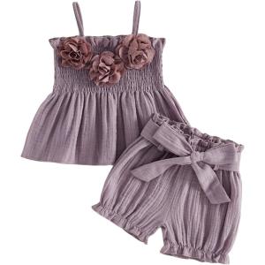 image:imageKuriozud Toddler Girl Summer Clothes Smocked Hlater Shirts Top Bloomers Shorts Set Little Girl 2 Piece Outfits3d Flower Purple